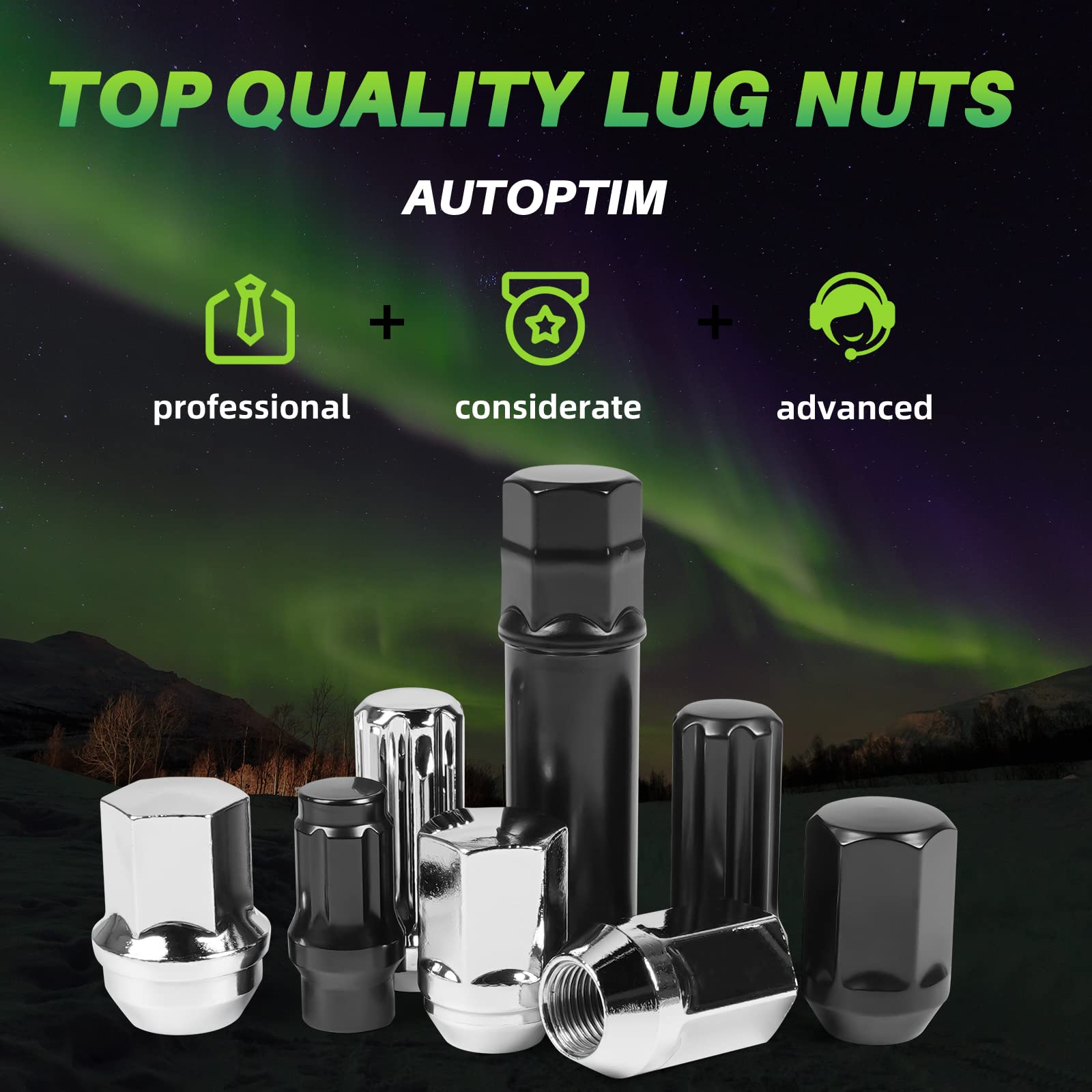 AUTOPTIM lug nuts staged in a garage scene highlighting durable finish