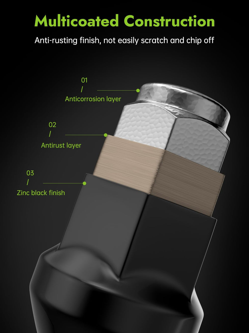 AUTOPTIM lug nut beside a ruler showing 35mm length and 19mm hex for accurate sizing