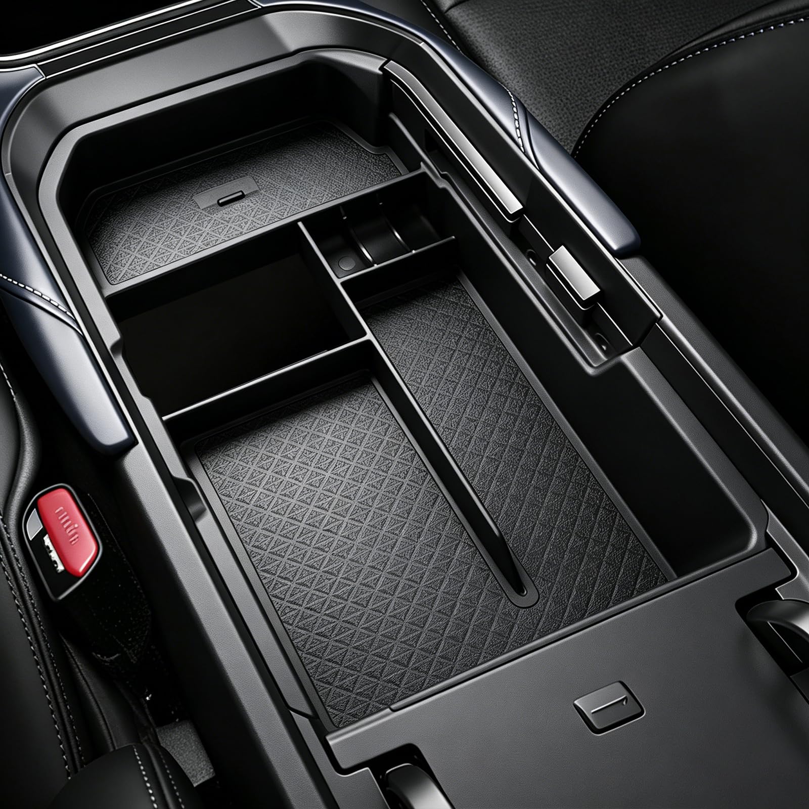 Autorder front view of armrest organizer showing neat fit and easy access