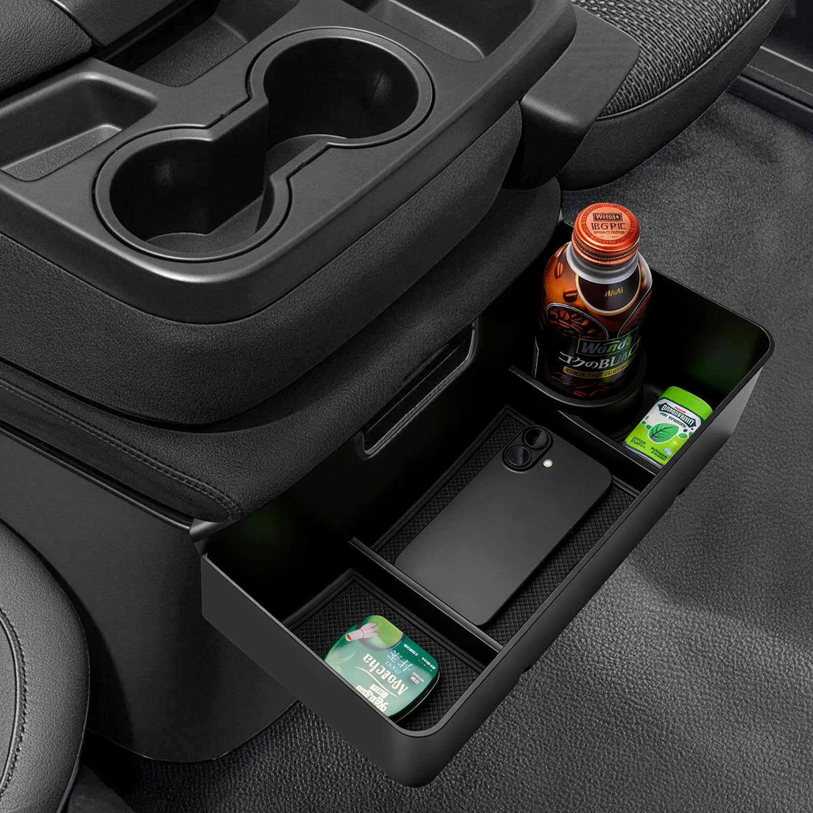 Autorder front view installed in Silverado console showing tidy storage benefit
