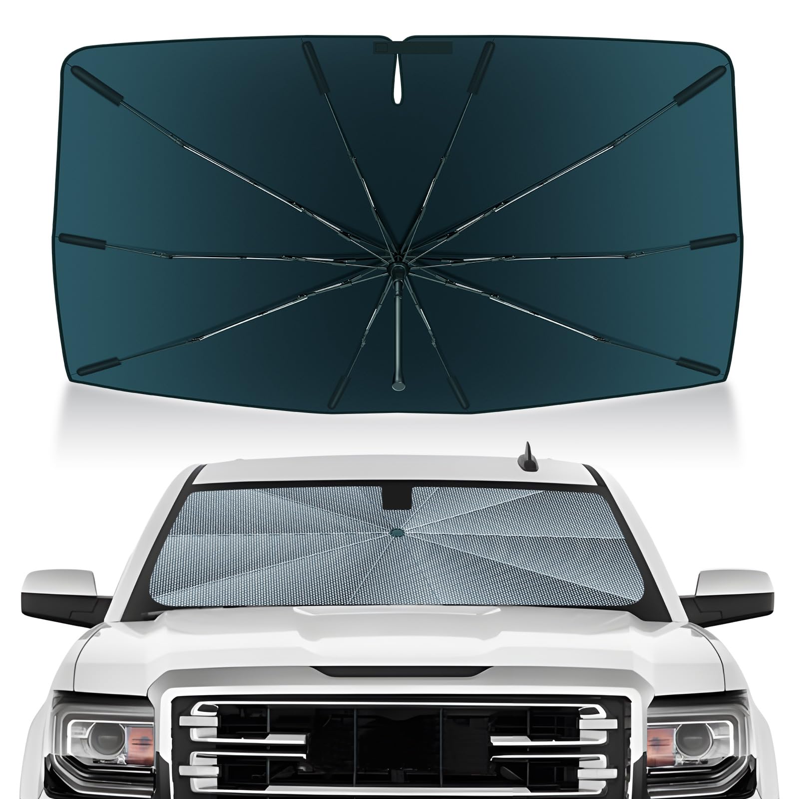 Autorder front view installed on Silverado showing full windshield coverage and cooling benefit