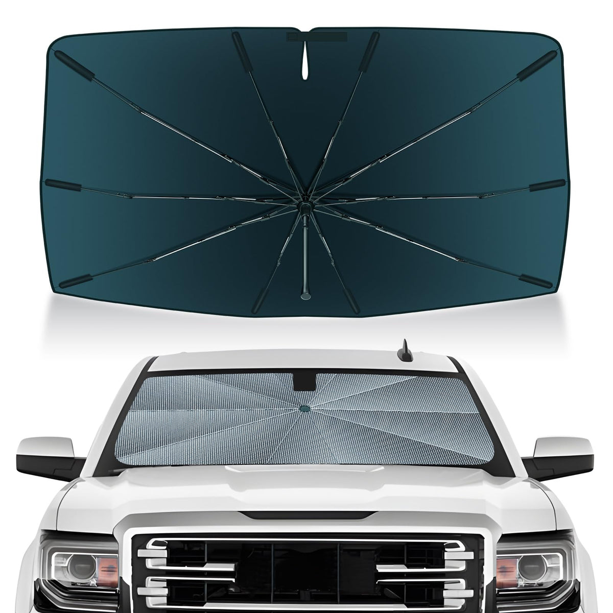 Autorder front view installed on Silverado showing full windshield coverage and cooling benefit