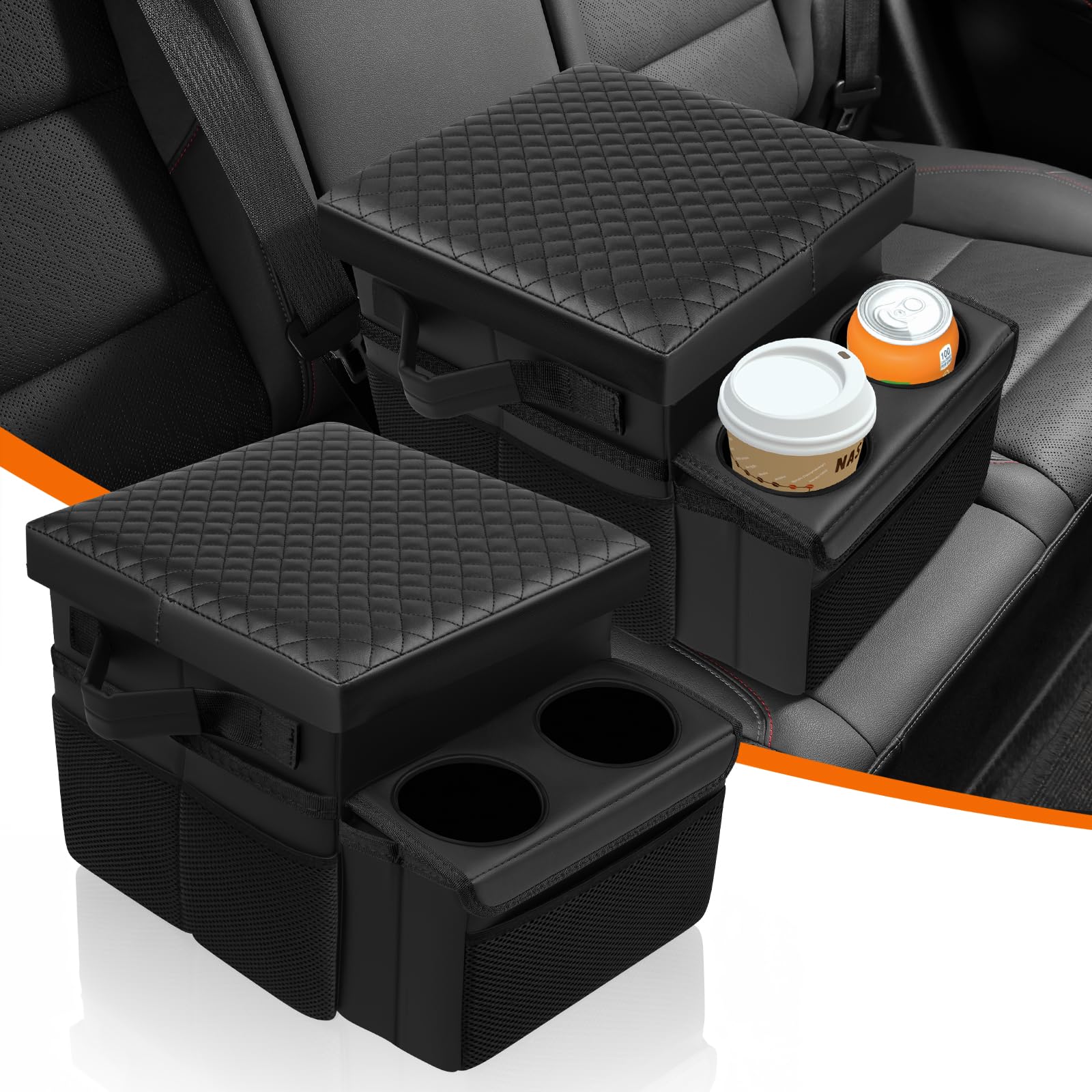 Autorder front view of seat organizer showing compartments and neat storage benefit