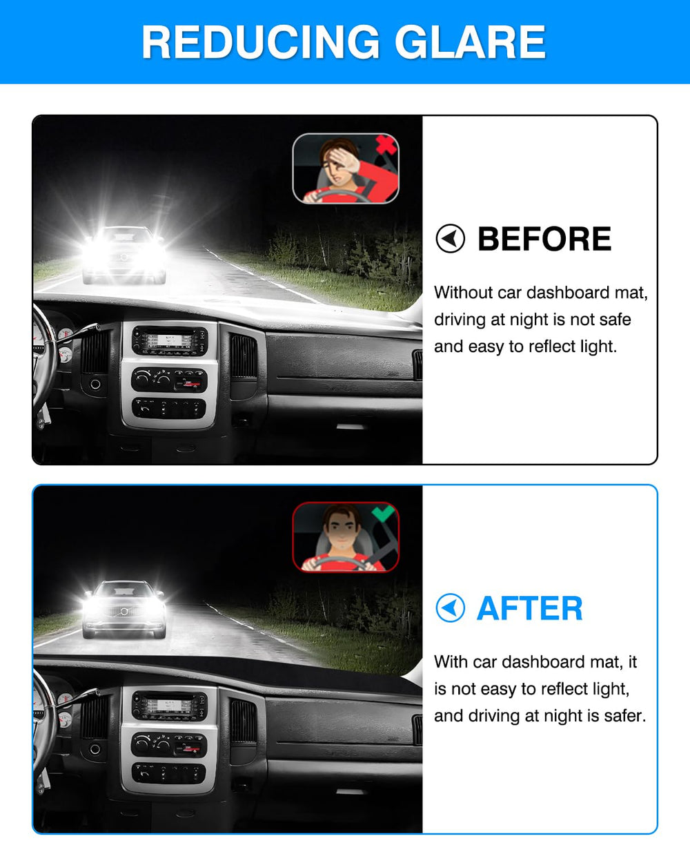 Autorder installed driver perspective reducing windshield glare