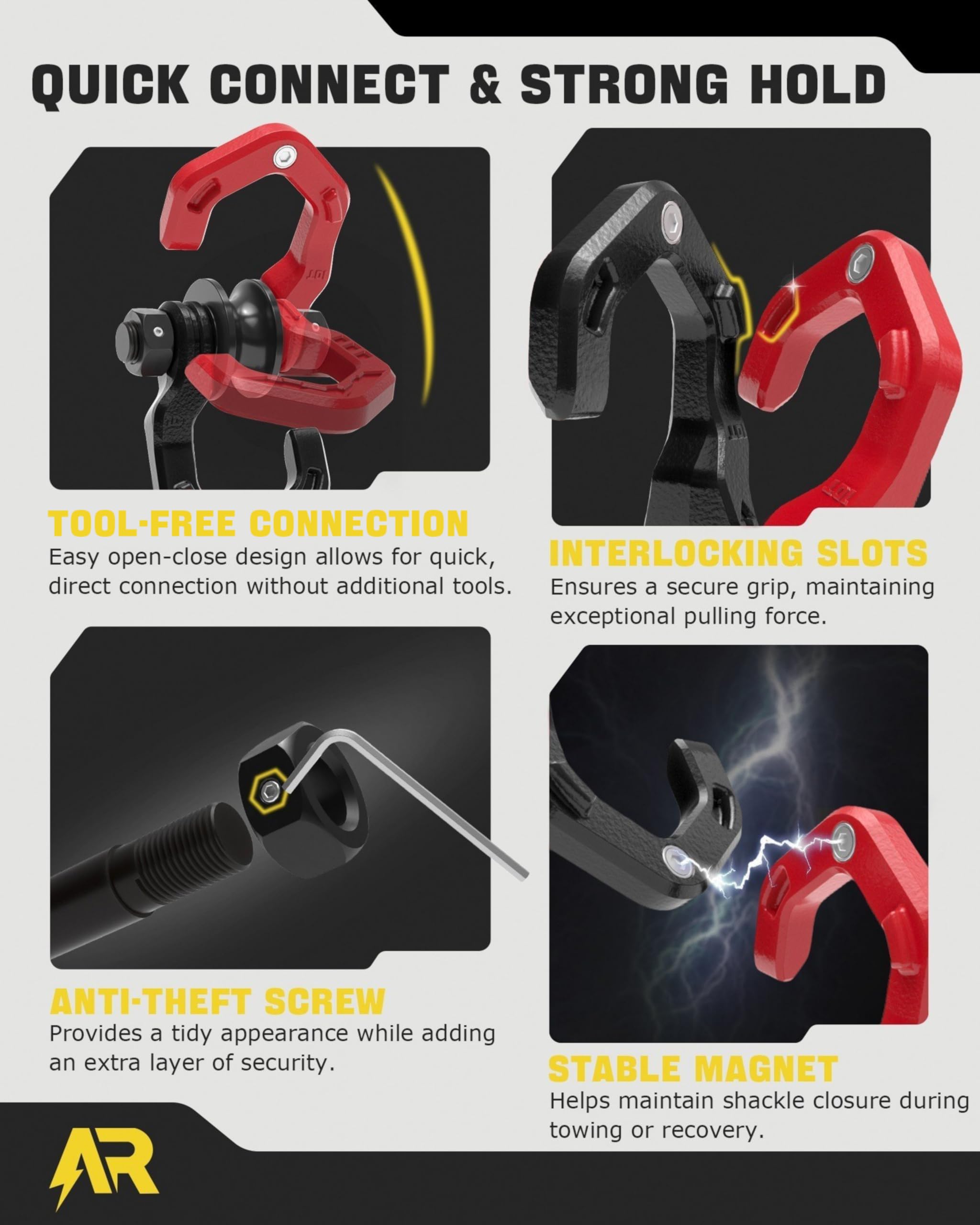 AUTORICH shackle latch detail with magnetic closure, secure quick attachment benefit