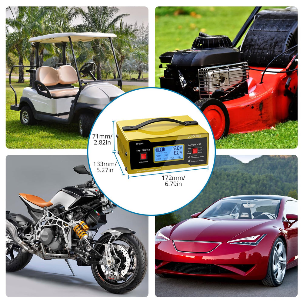 AUTOUTLET charger spec sticker readable, clear voltage and safety information