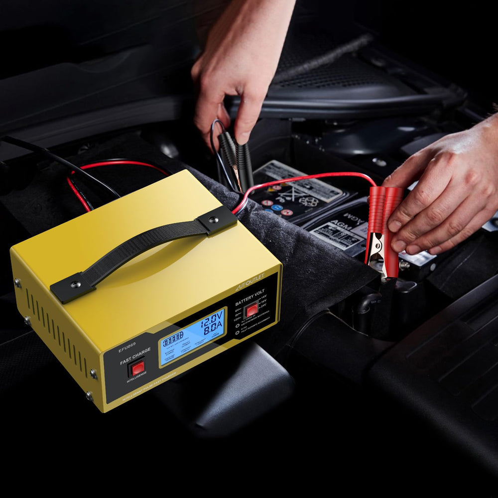 AUTOUTLET on workshop shelf, compact charger saving space in garage