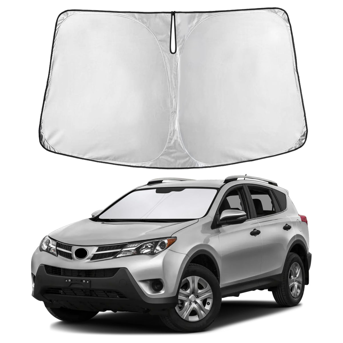 Autovir sun shade across RAV4 windshield demonstrating full coverage and interior protection