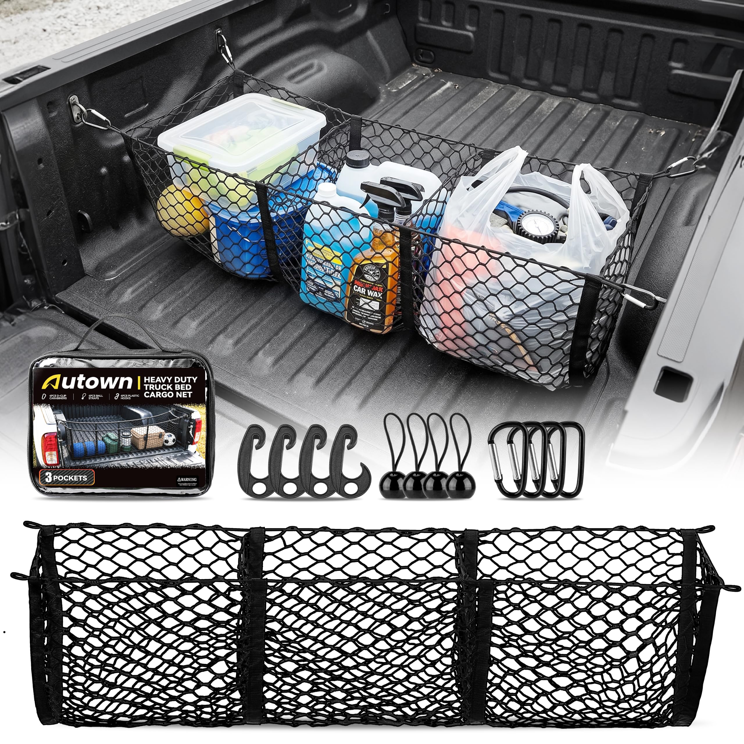AUTOWN front view of cargo net showing pockets and hardware for organized hauling