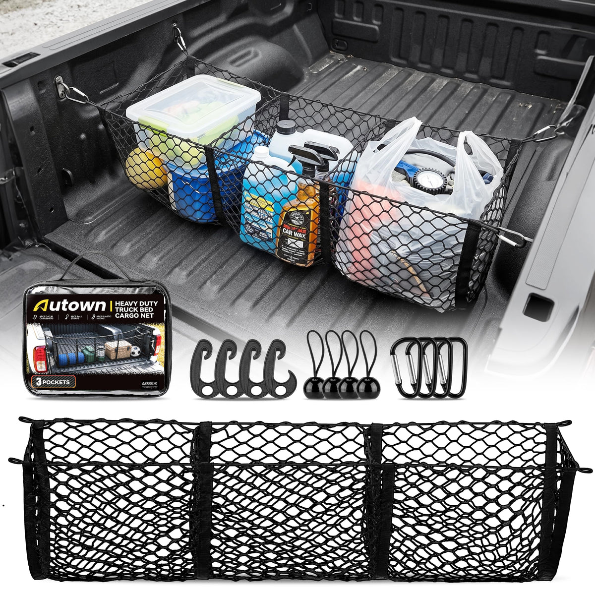 AUTOWN front view of cargo net showing pockets and hardware for organized hauling