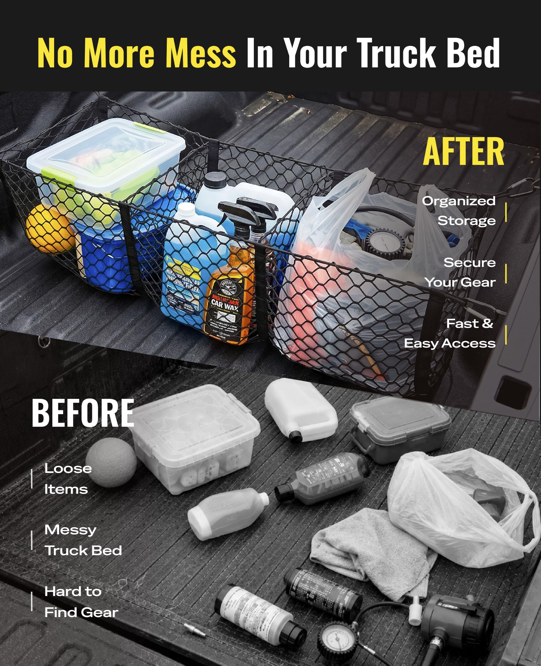 AUTOWN three-pocket cargo net laid open in truck bed for separated storage