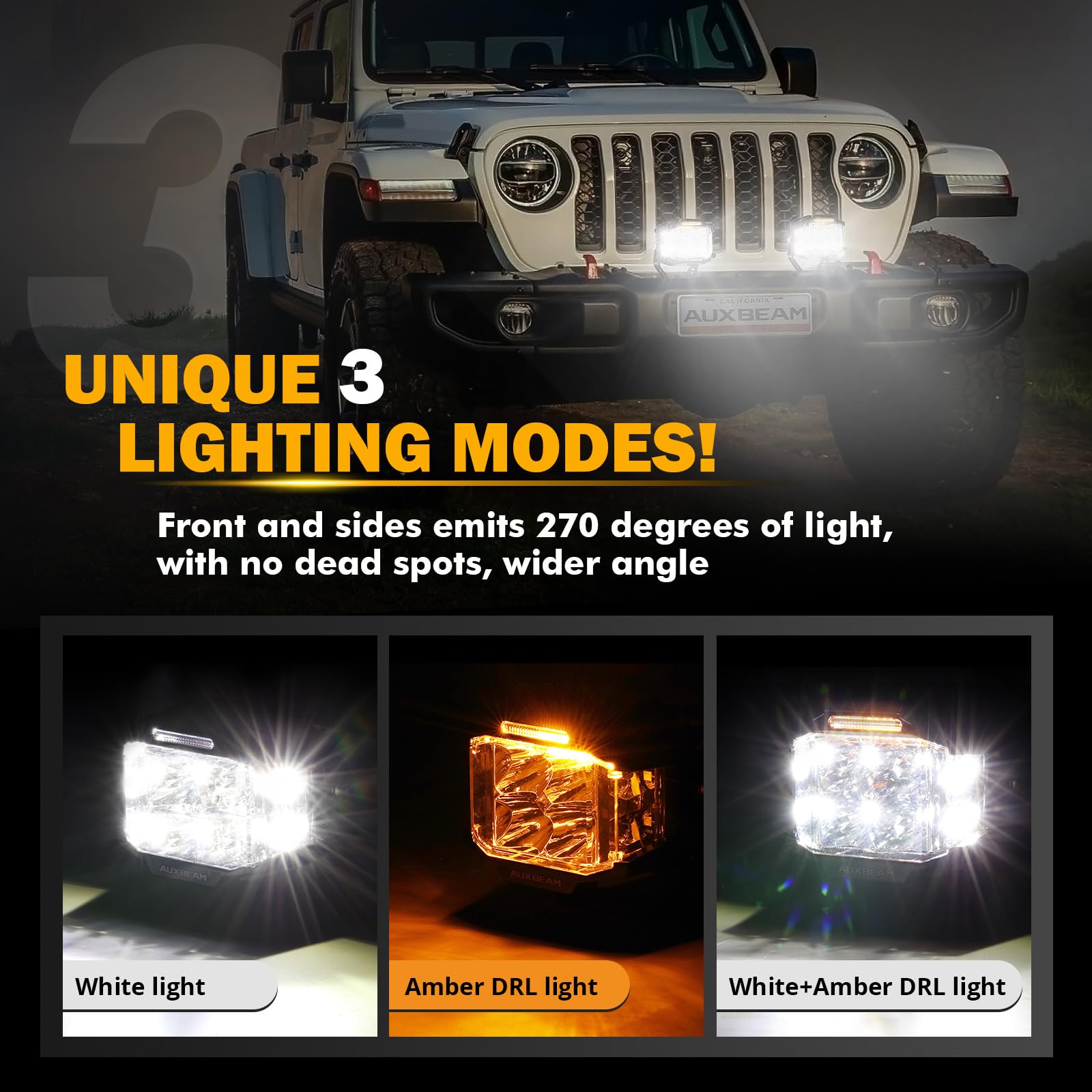 Auxbeam amber DRL illuminated on pod improving visibility in poor weather