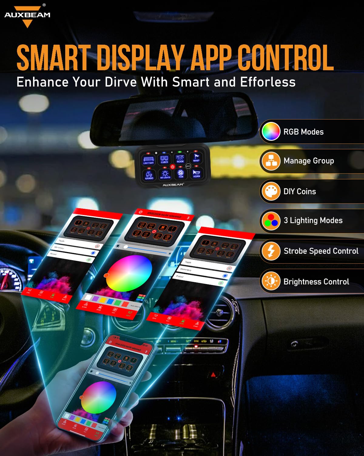 Auxbeam AR-800 close-up of tactile buttons highlighting customizable icons and feedback
