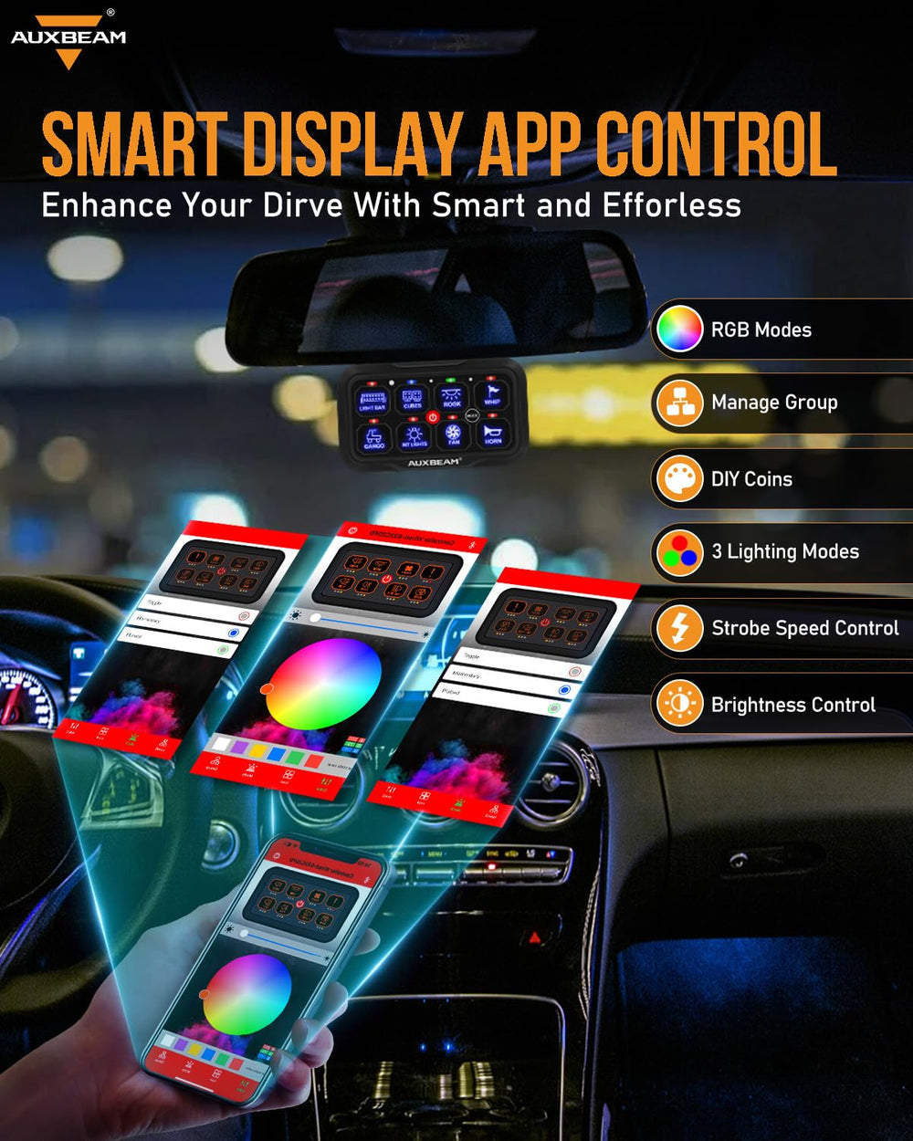 Auxbeam AR-800 close-up of tactile buttons highlighting customizable icons and feedback