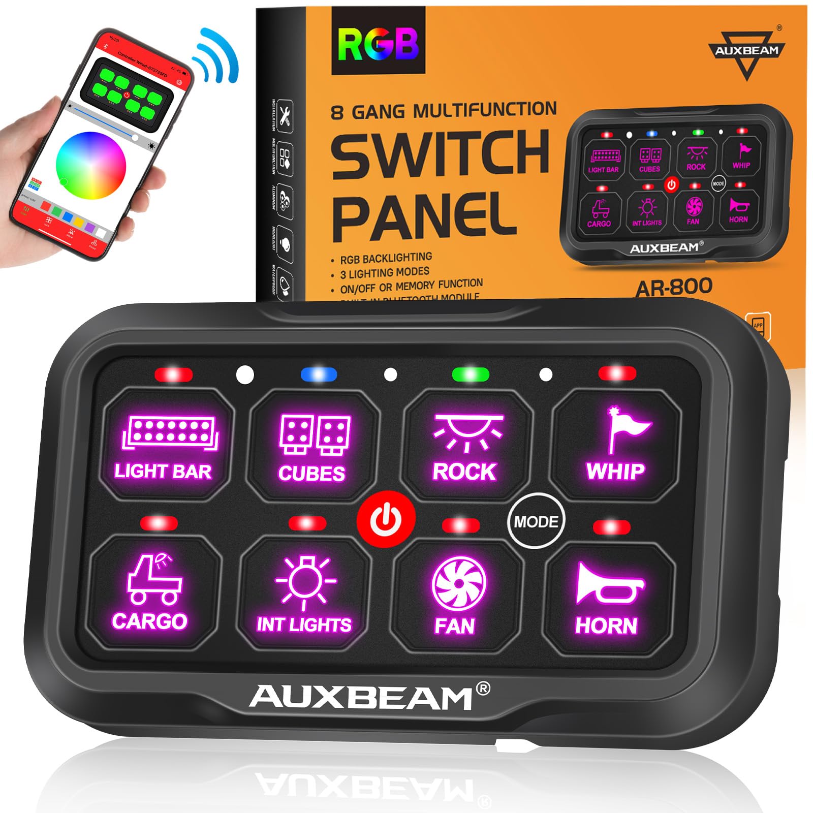 Auxbeam AR-800 front panel showing RGB backlight and clear labels for easy identification