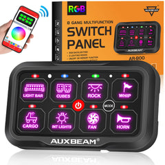 Auxbeam AR-800 front panel showing RGB backlight and clear labels for easy identification