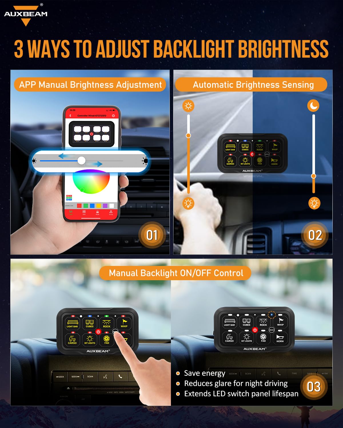Auxbeam AR-800 installed on a truck dashboard providing centralized accessory control