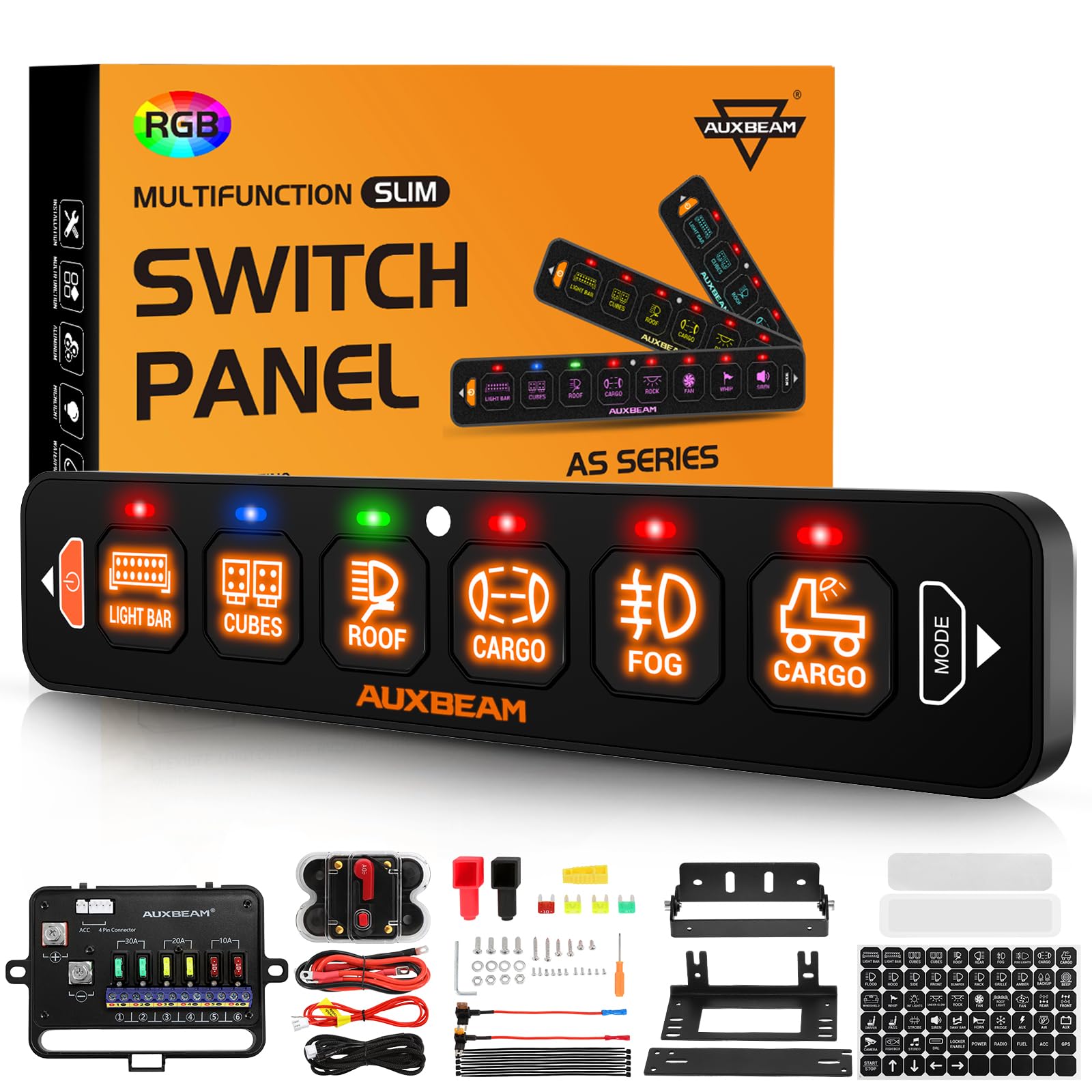 Auxbeam AS-R60 front panel showing six slim switches and labels, improved control