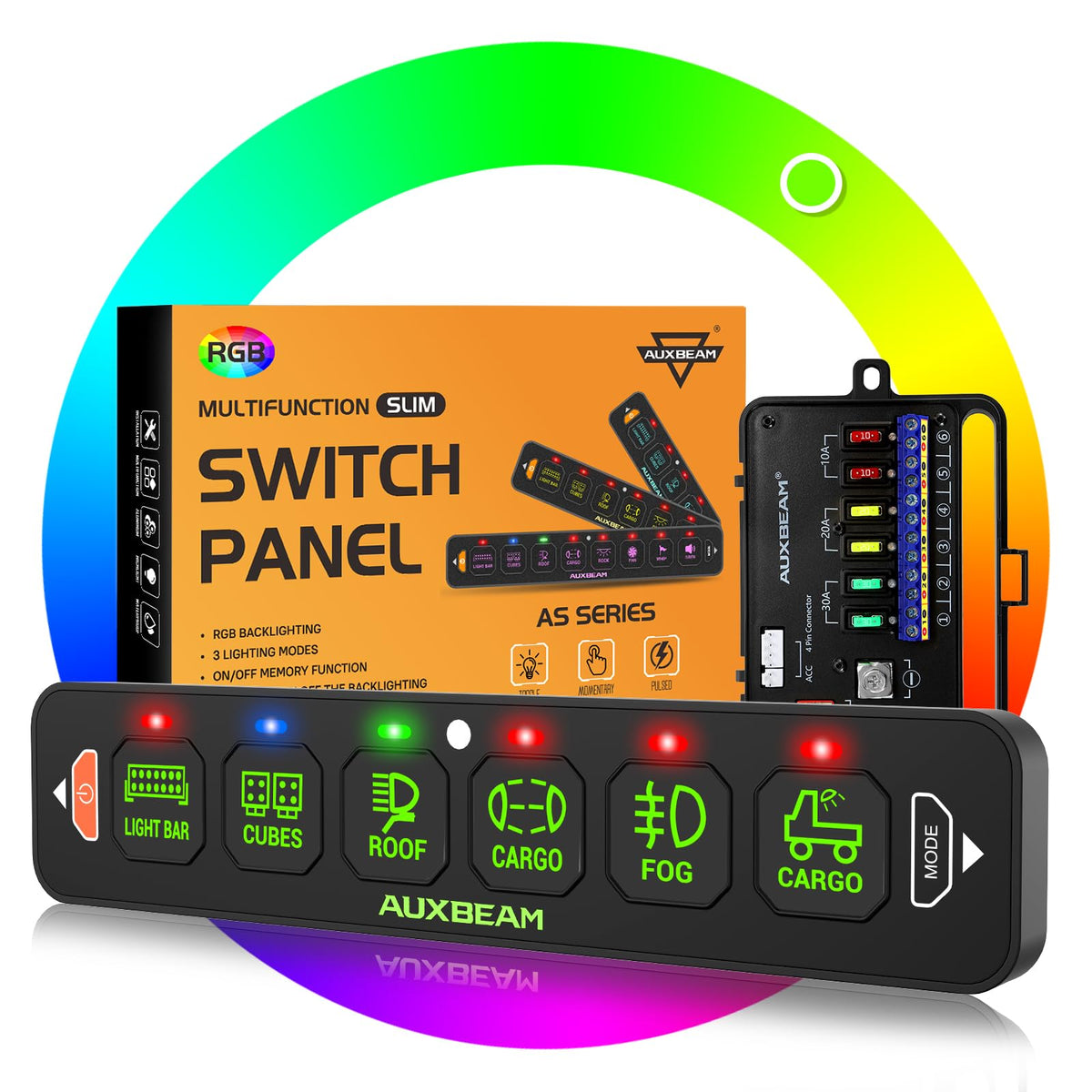 Auxbeam AS-R60 front view showing six RGB switches and benefits of clear control