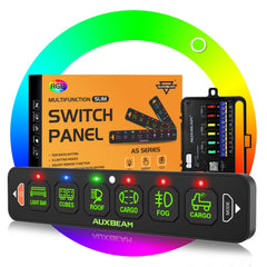 Auxbeam AS-R60 front view showing six RGB switches and benefits of clear control