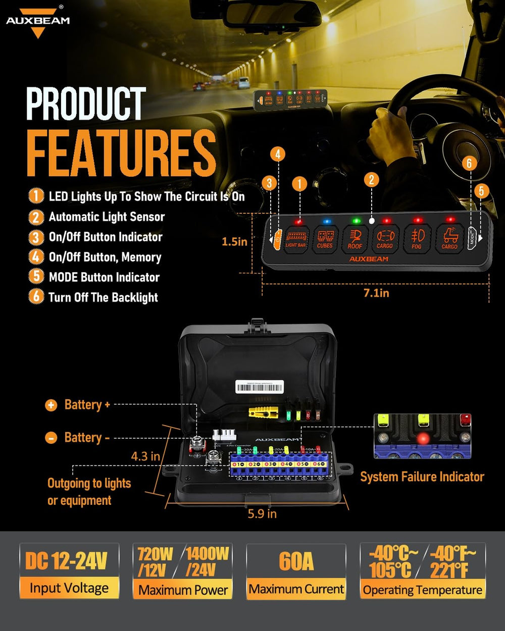 Auxbeam AS-R60 wiring harness and circuit box, simplified plug-and-play wiring