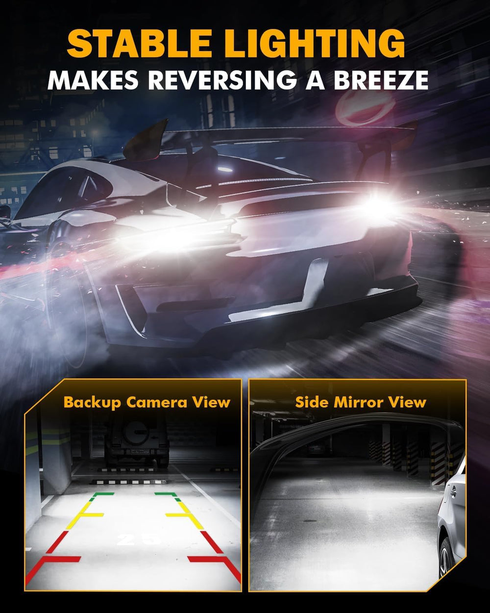 Auxbeam beam pattern illuminating a driveway at night for clearer reversing