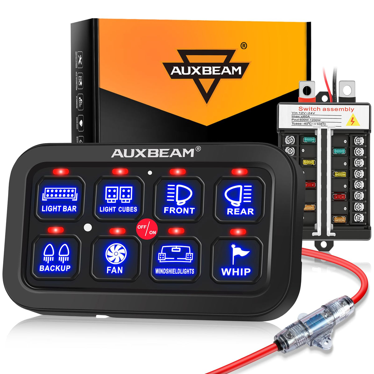 Auxbeam BB80 front panel showing eight switches and clear labeling for organized control