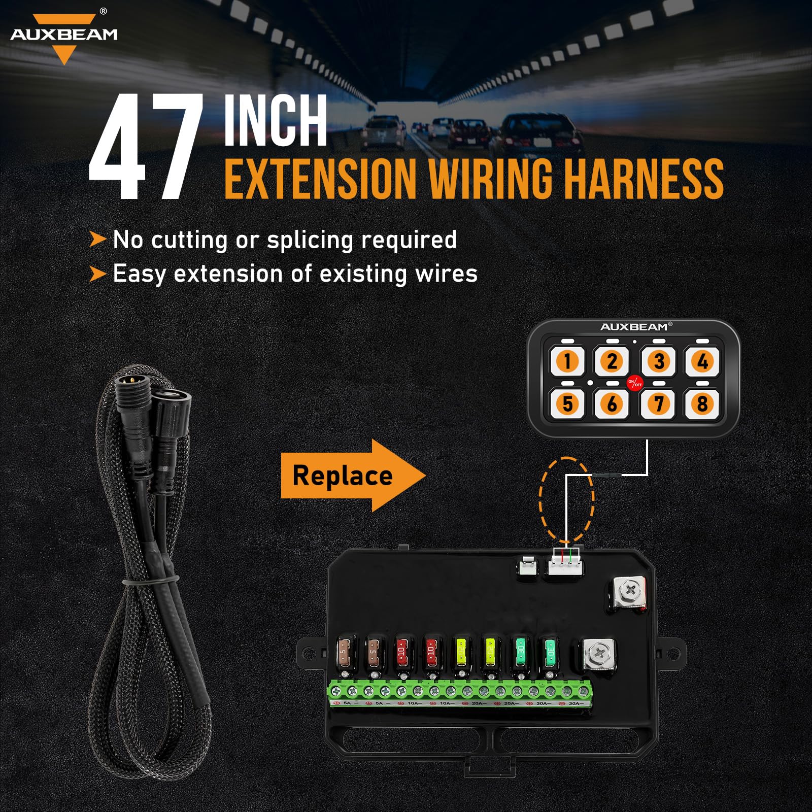 Auxbeam 47inch cable laid flat illustrating length and tidy routing benefit
