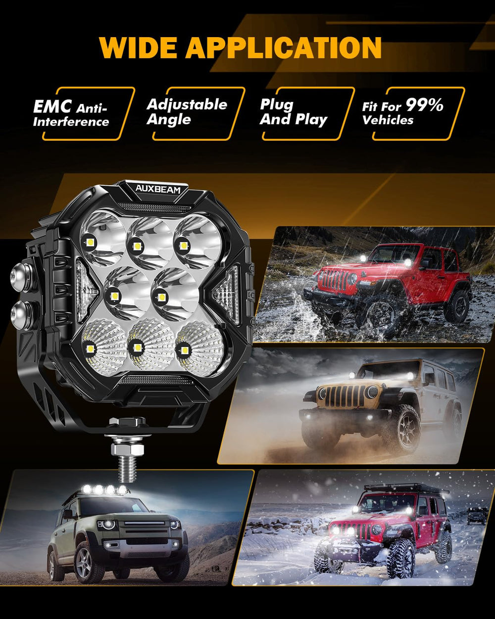 Auxbeam Cube‑Z package with pods, covers, harnesses and mounting hardware