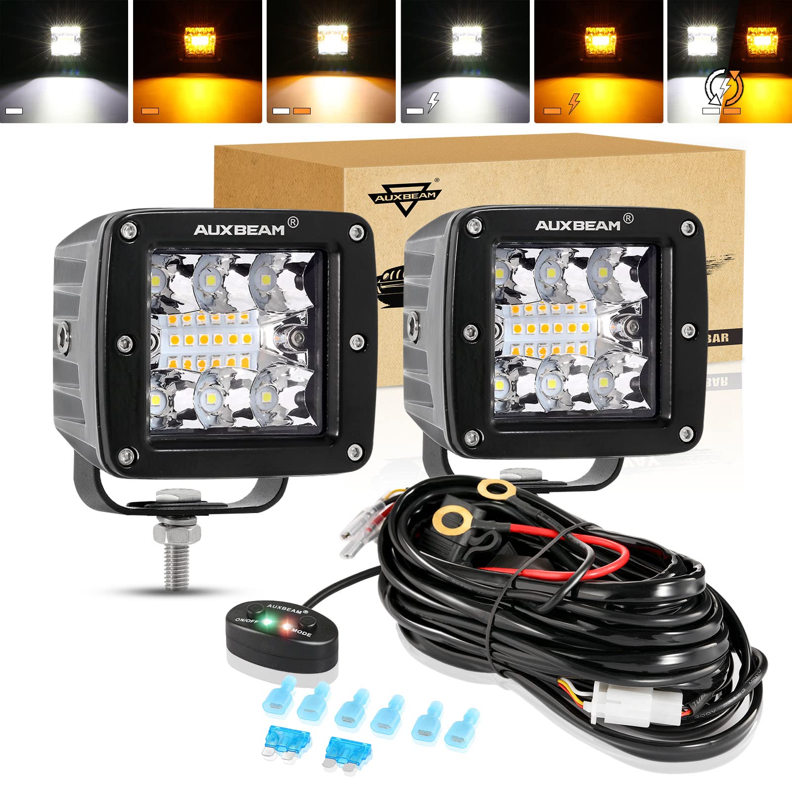Auxbeam front face cube light showing compact profile and bright output