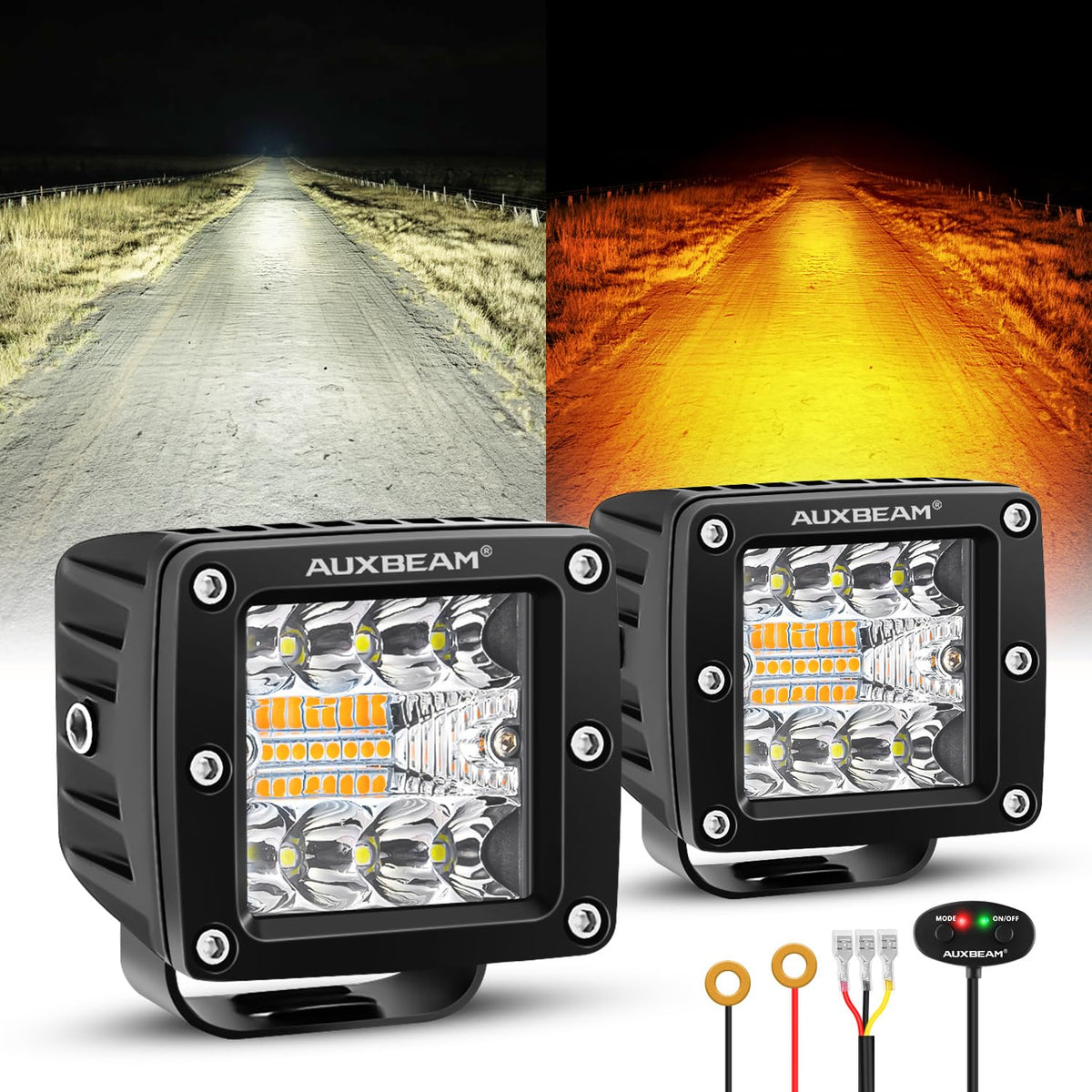 Auxbeam front view of LED cube showing lens and balanced beam benefit
