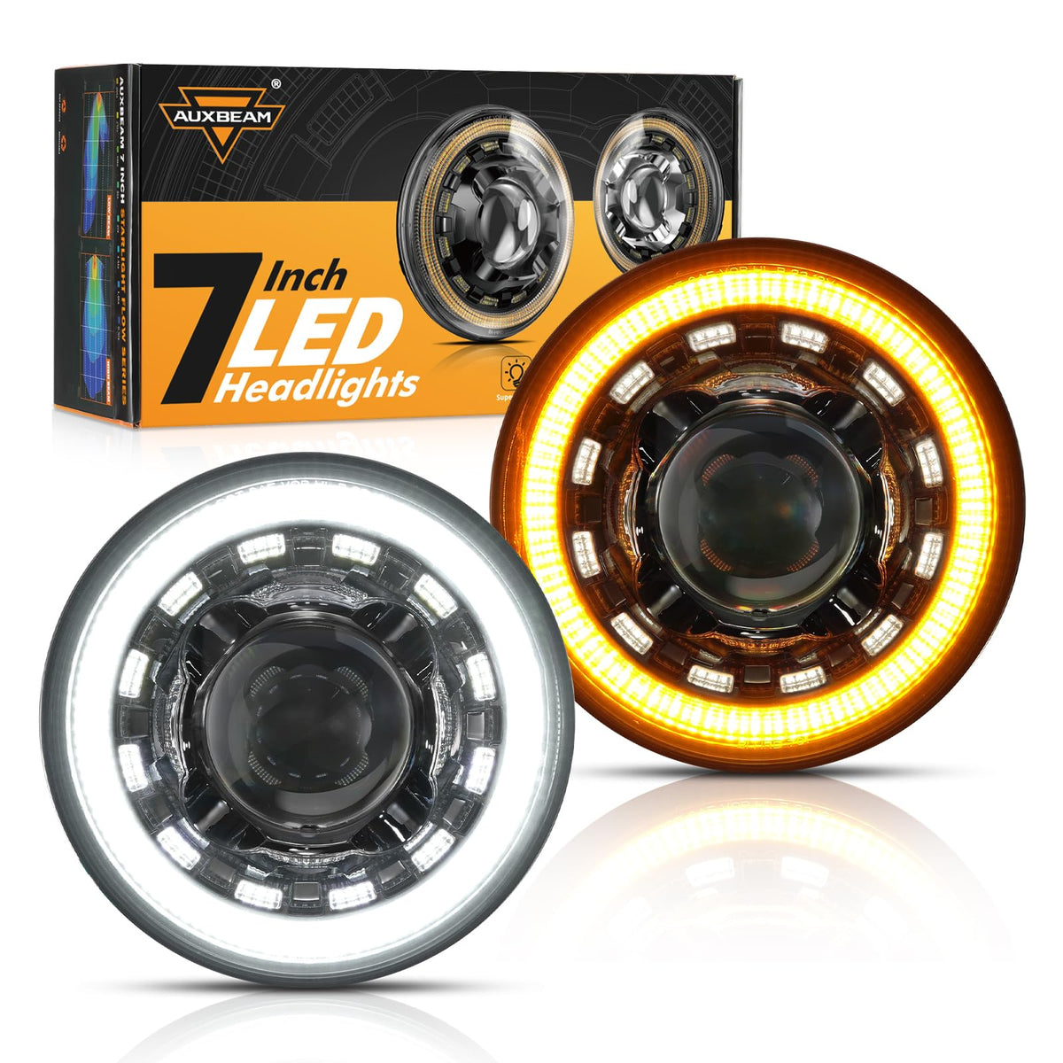 Auxbeam front view packaging showing 7-inch headlights and accessories, highlighting complete kit benefit