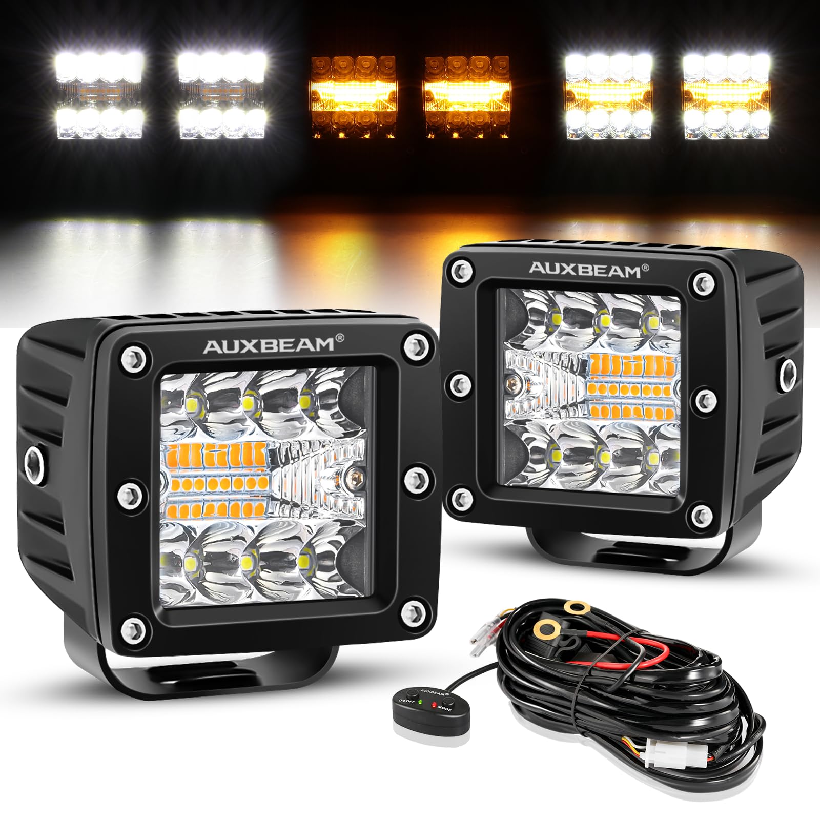 Auxbeam front view of 3-inch LED pod showing lens and benefits of focused beam
