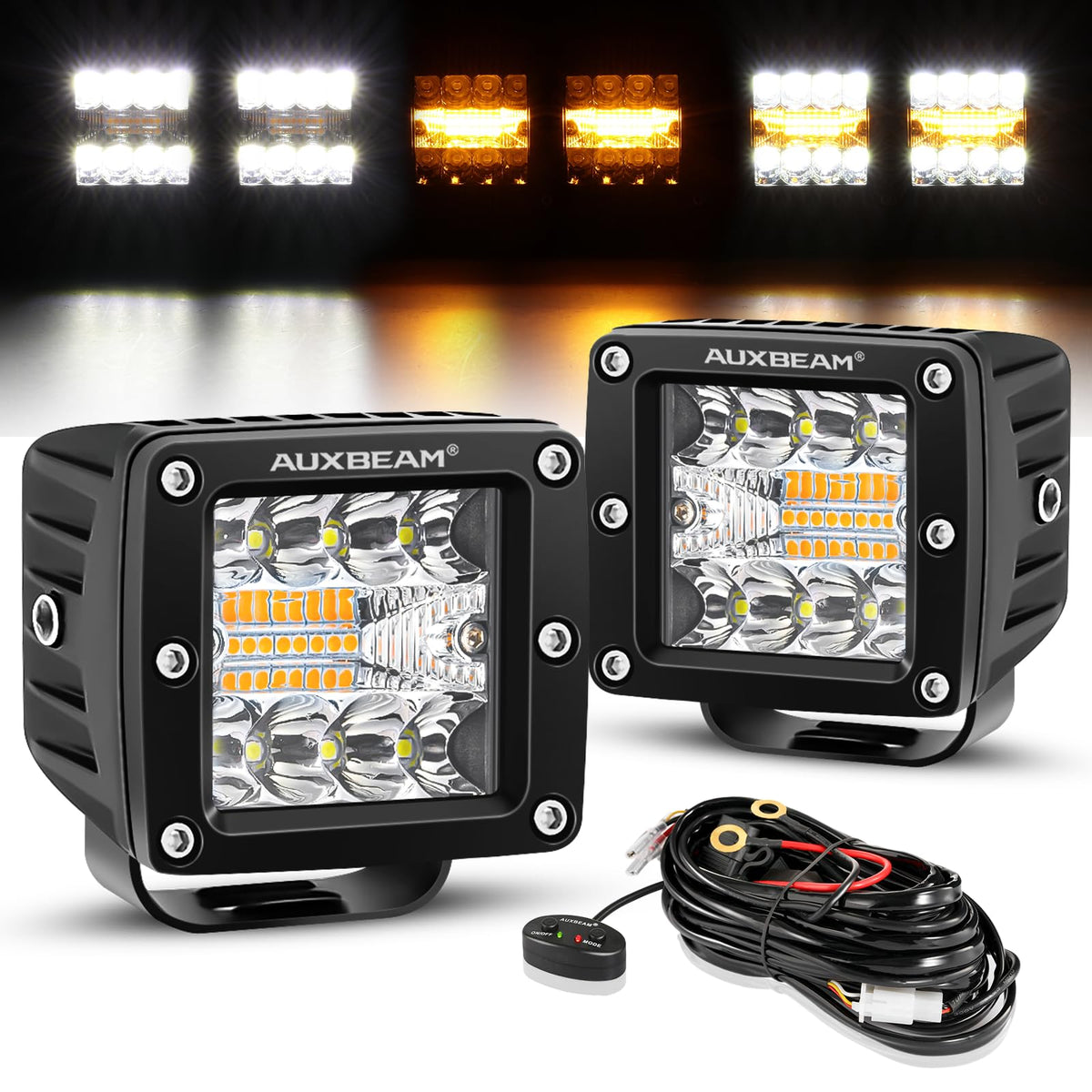 Auxbeam front view of 3-inch LED pod showing lens and benefits of focused beam
