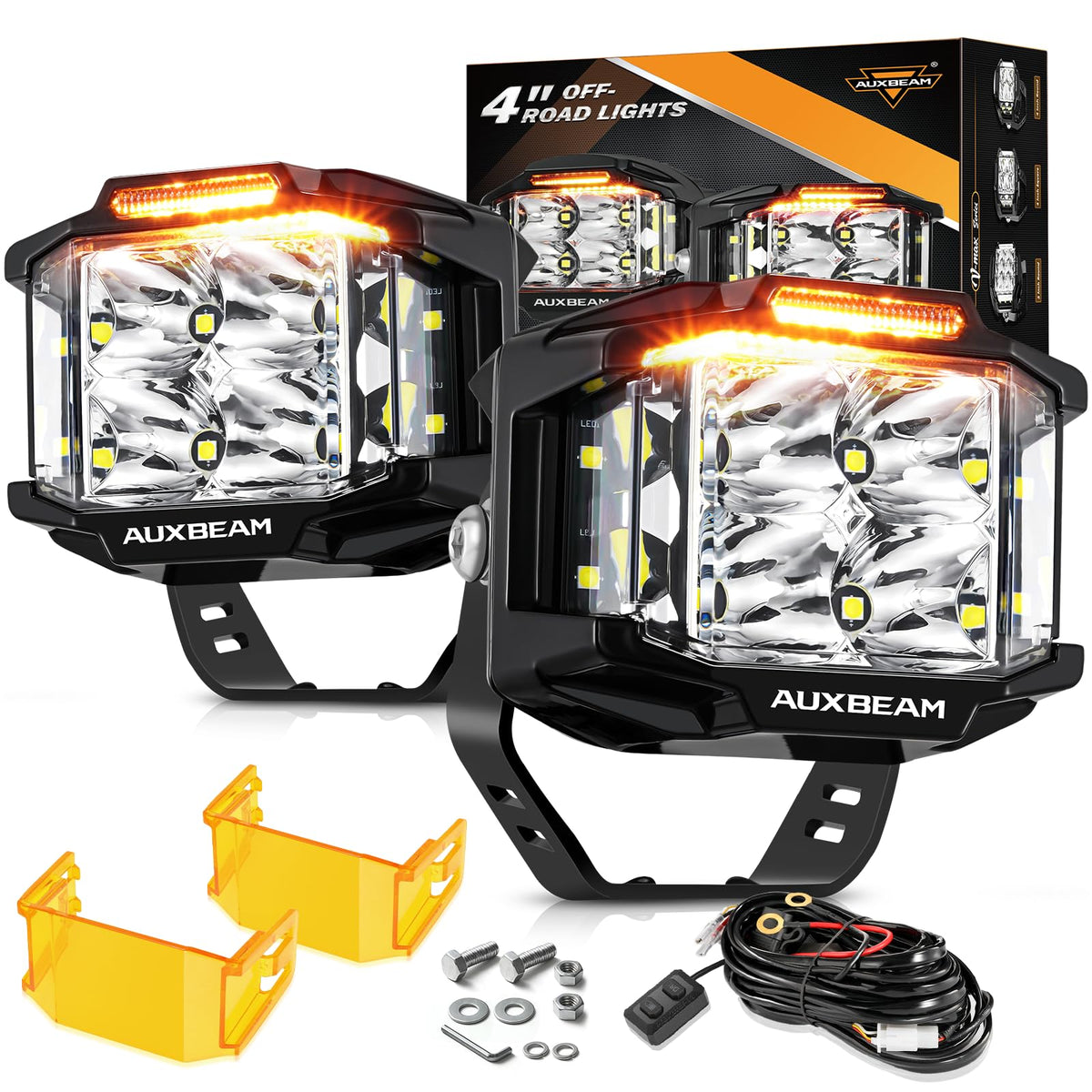 Auxbeam front view of cube pod showing bright focused beam and compact size
