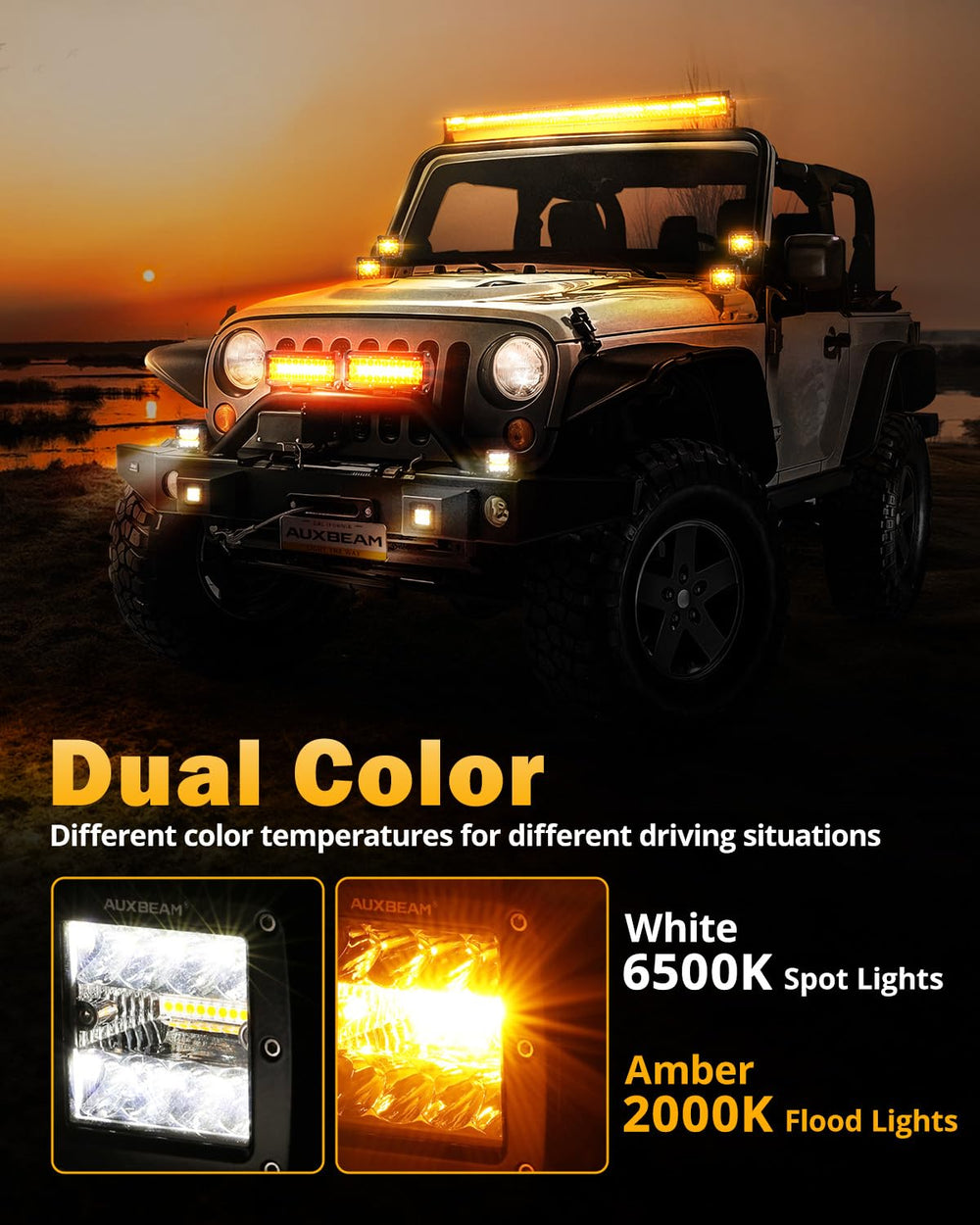 Auxbeam mounted on a Jeep A-pillar demonstrating secure off-road placement