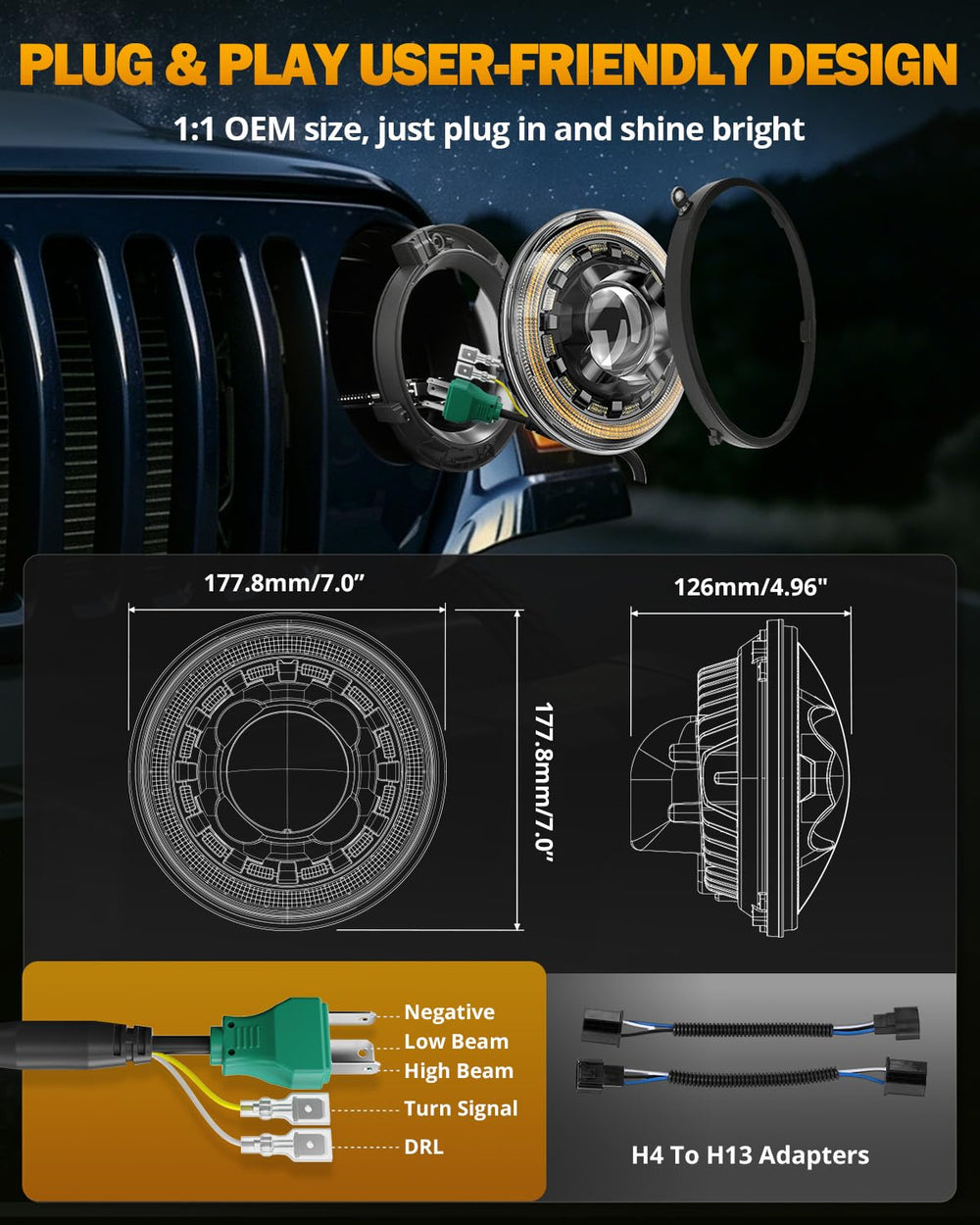Auxbeam headlights installed on Jeep Wrangler front, showing immediate aesthetic and visibility upgrade