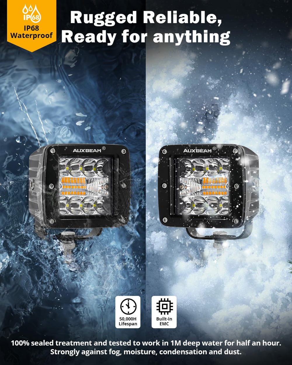 Auxbeam amber flood beam covering roadside for reduced glare benefit