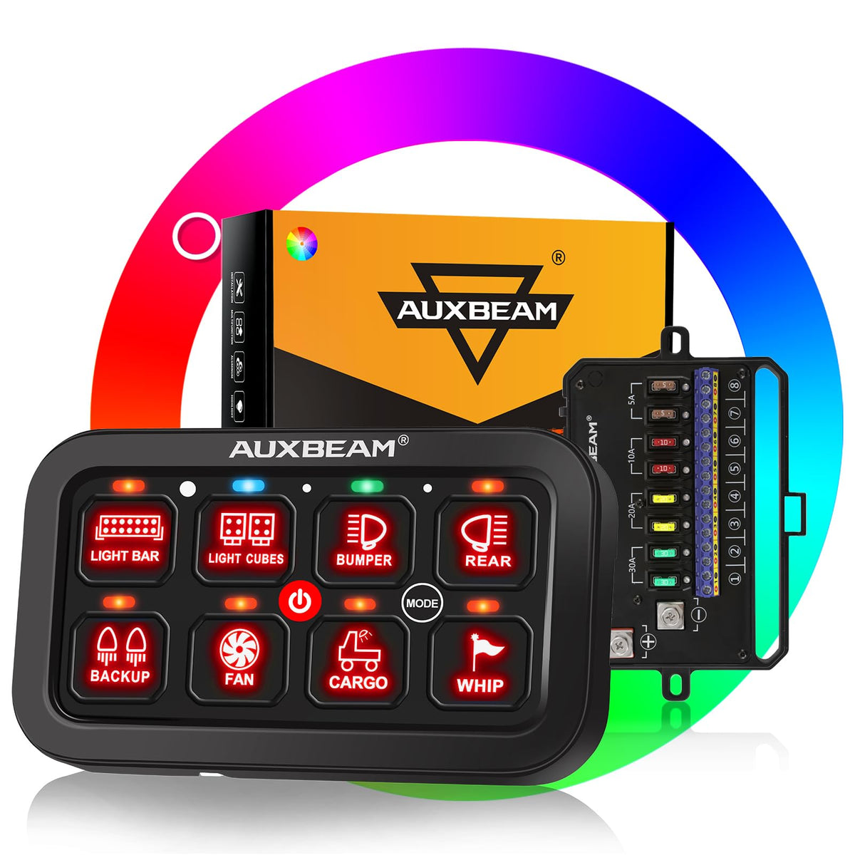 Auxbeam RA80 front panel showing eight RGB switches and layout for easy control