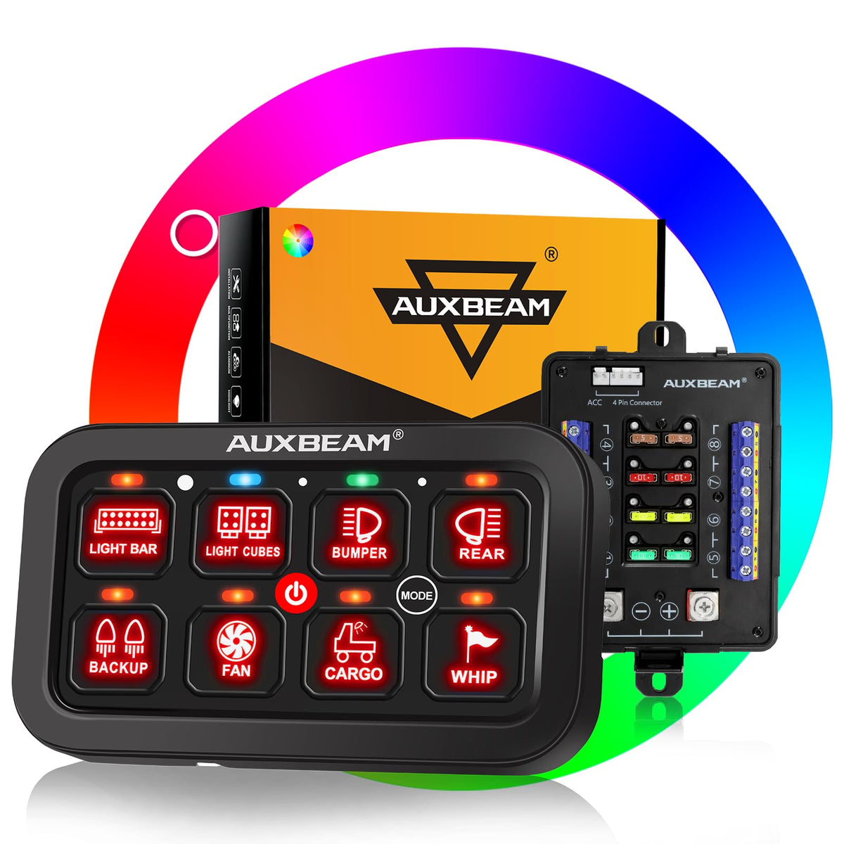 Auxbeam RB80 front panel showing eight labeled switches and RGB backlight for easy access