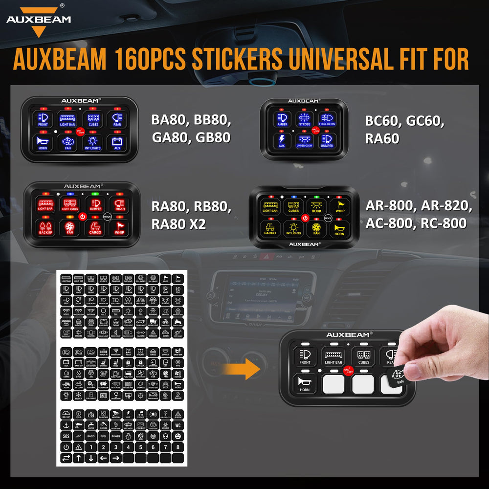 Auxbeam full sticker sheet layout showing variety of vehicle control icons