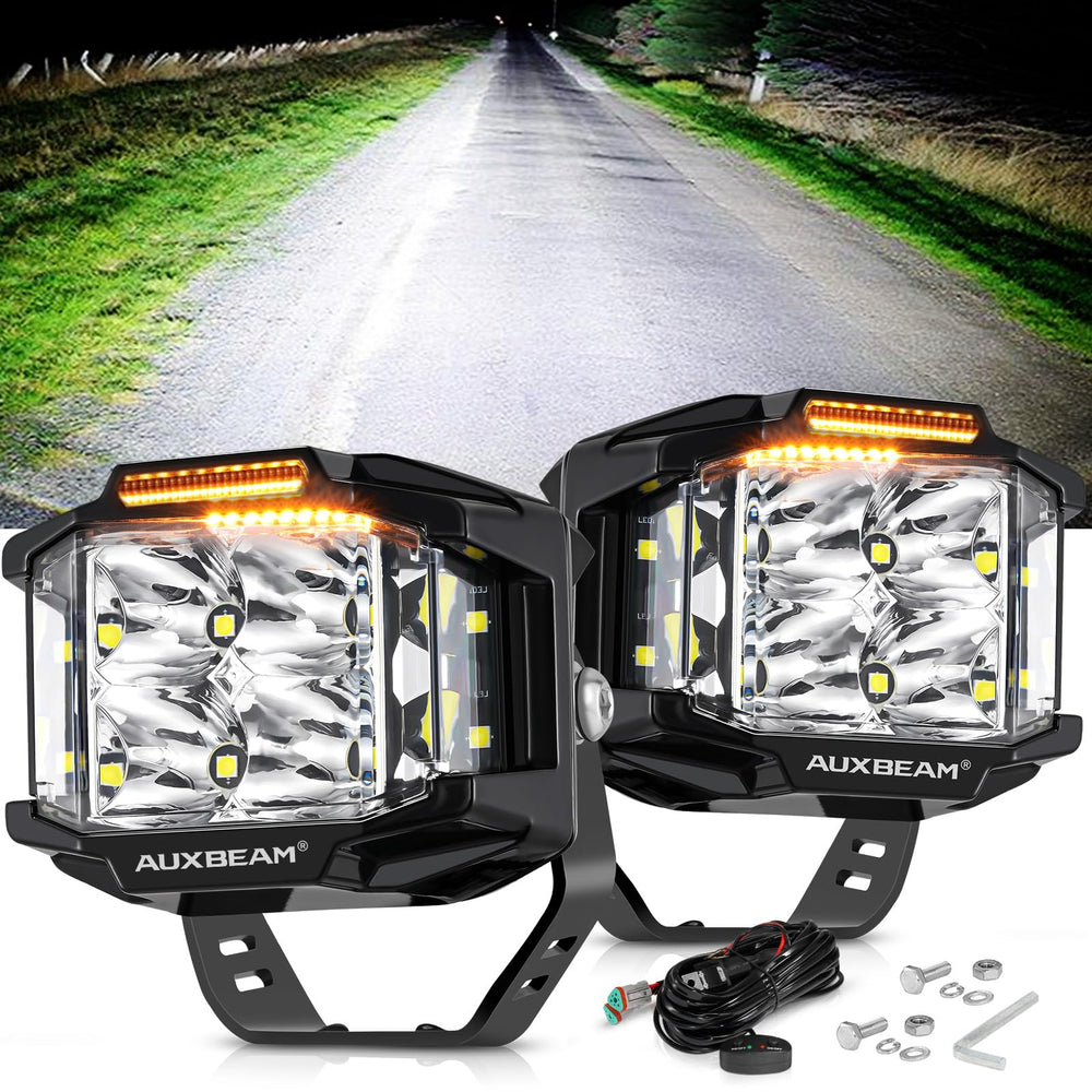 Auxbeam side shooter detail highlighting 270° flood for wide peripheral coverage