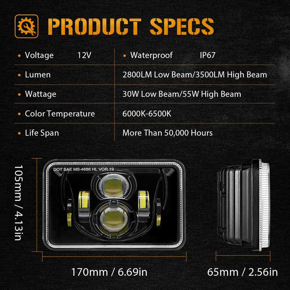 Auxbeam size comparison 4x6 headlight beside ruler for fitment clarity