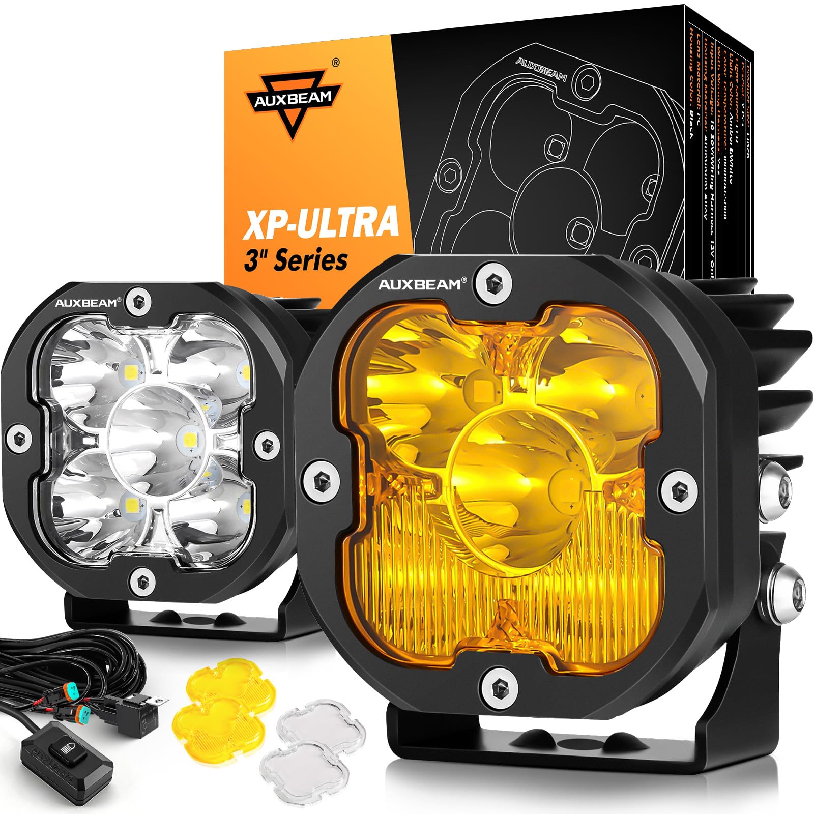 Auxbeam XP-Ultra front face showing efficient beam window and compact cube design for strong output