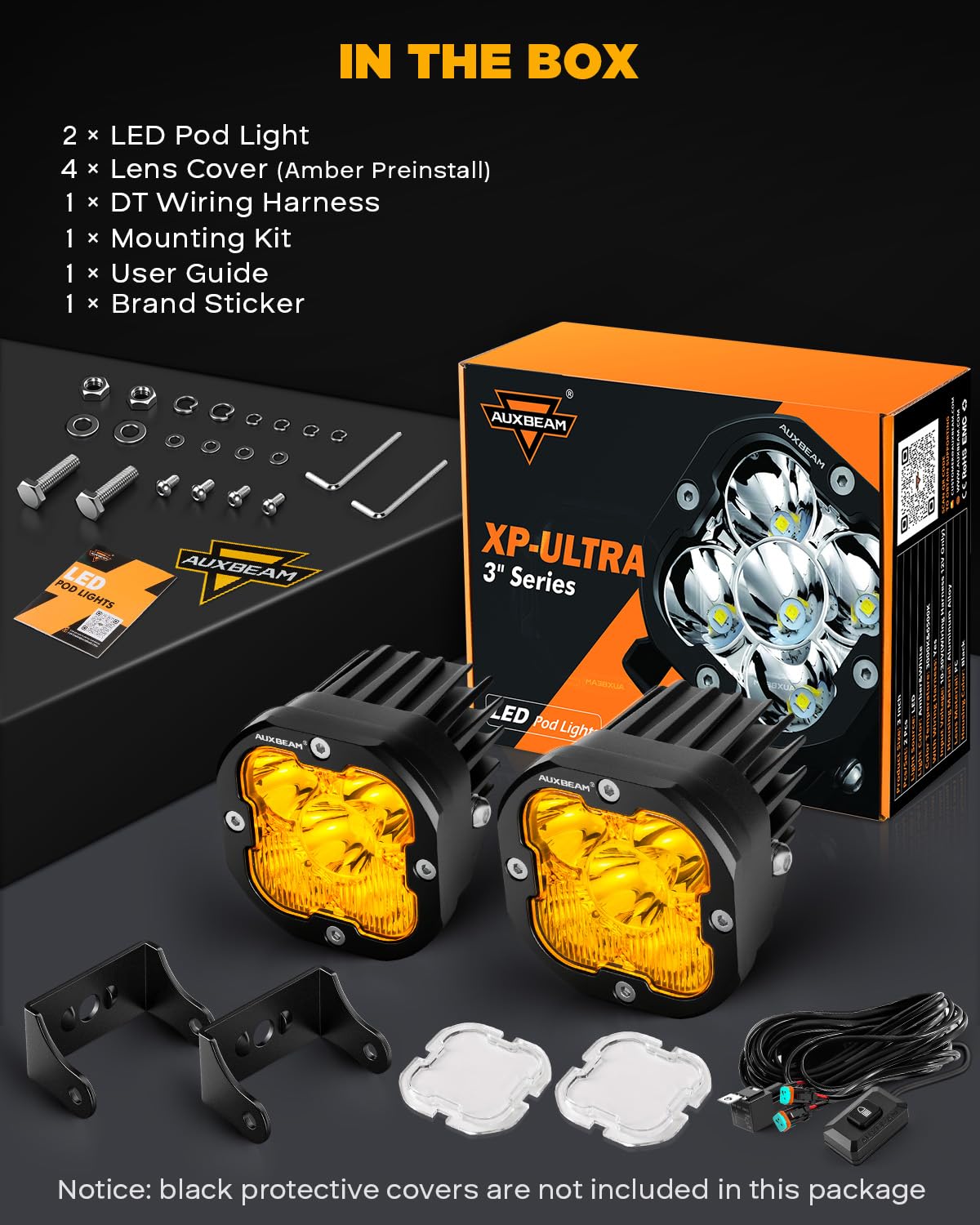 Auxbeam XP-Ultra wiring harness and switch kit laid out for quick plug-and-play installation
