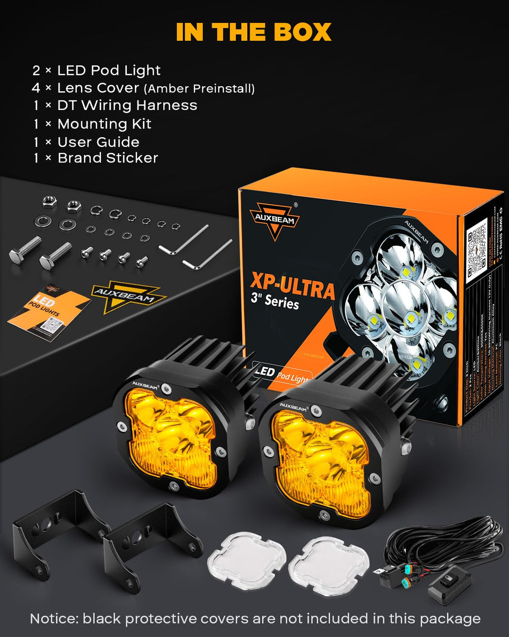 Auxbeam XP-Ultra wiring harness and switch kit laid out for quick plug-and-play installation