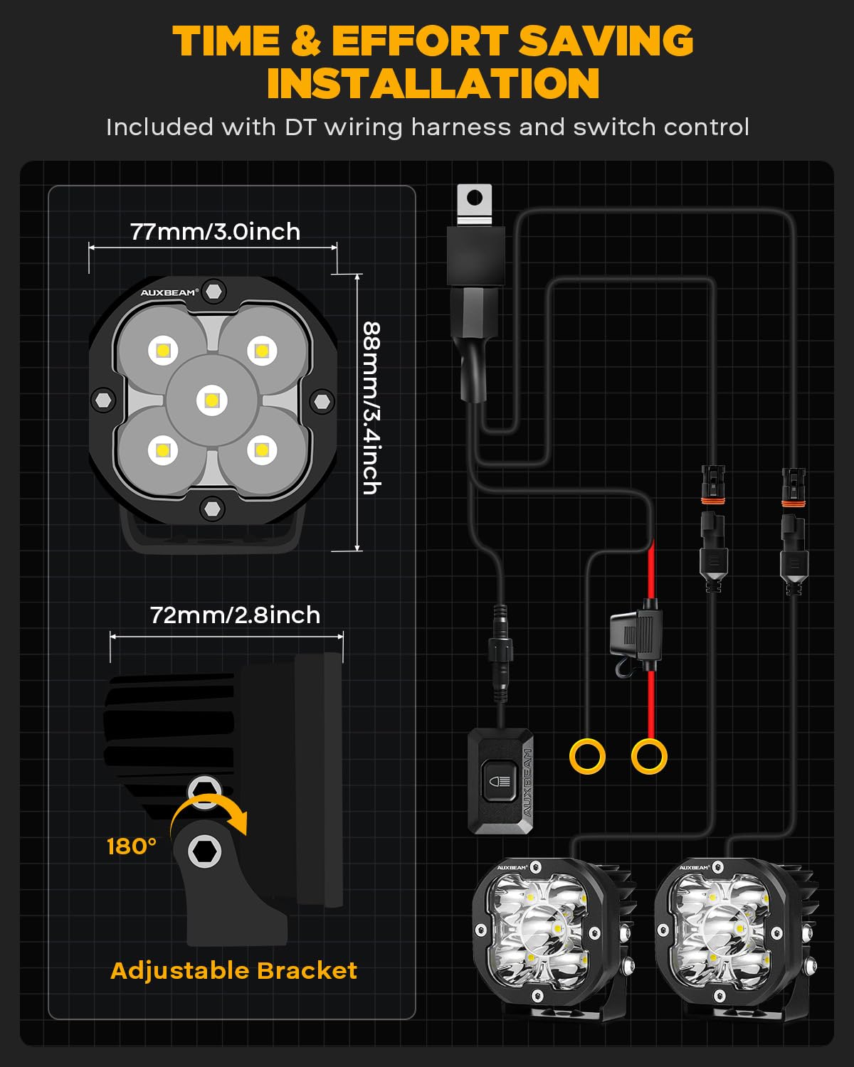 Auxbeam DT wiring harness and anti-flicker module for stable electrical performance