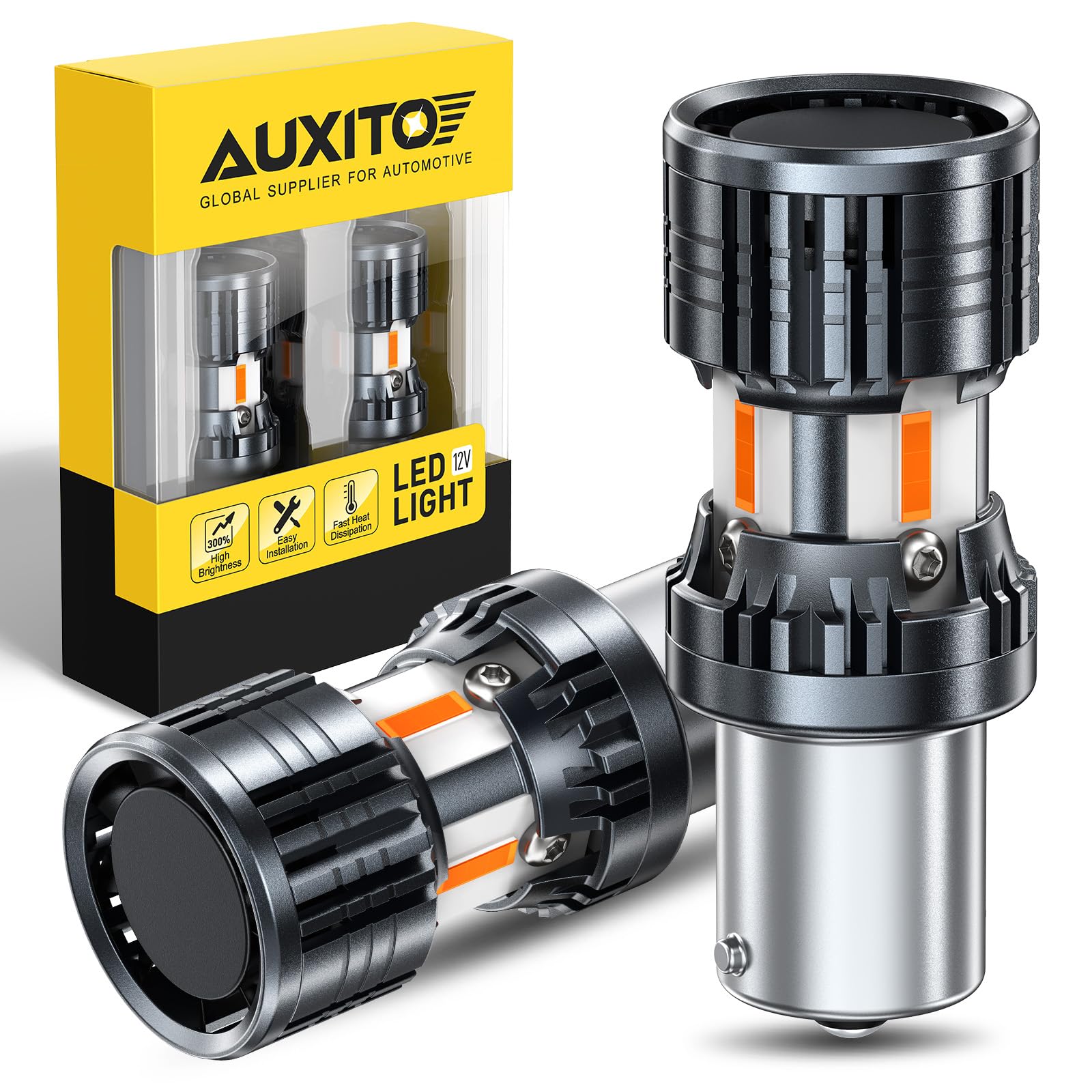 AUXITO front view of two 1156 amber LEDs showing brighter beam