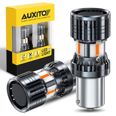 AUXITO front view of two 1156 amber LEDs showing brighter beam