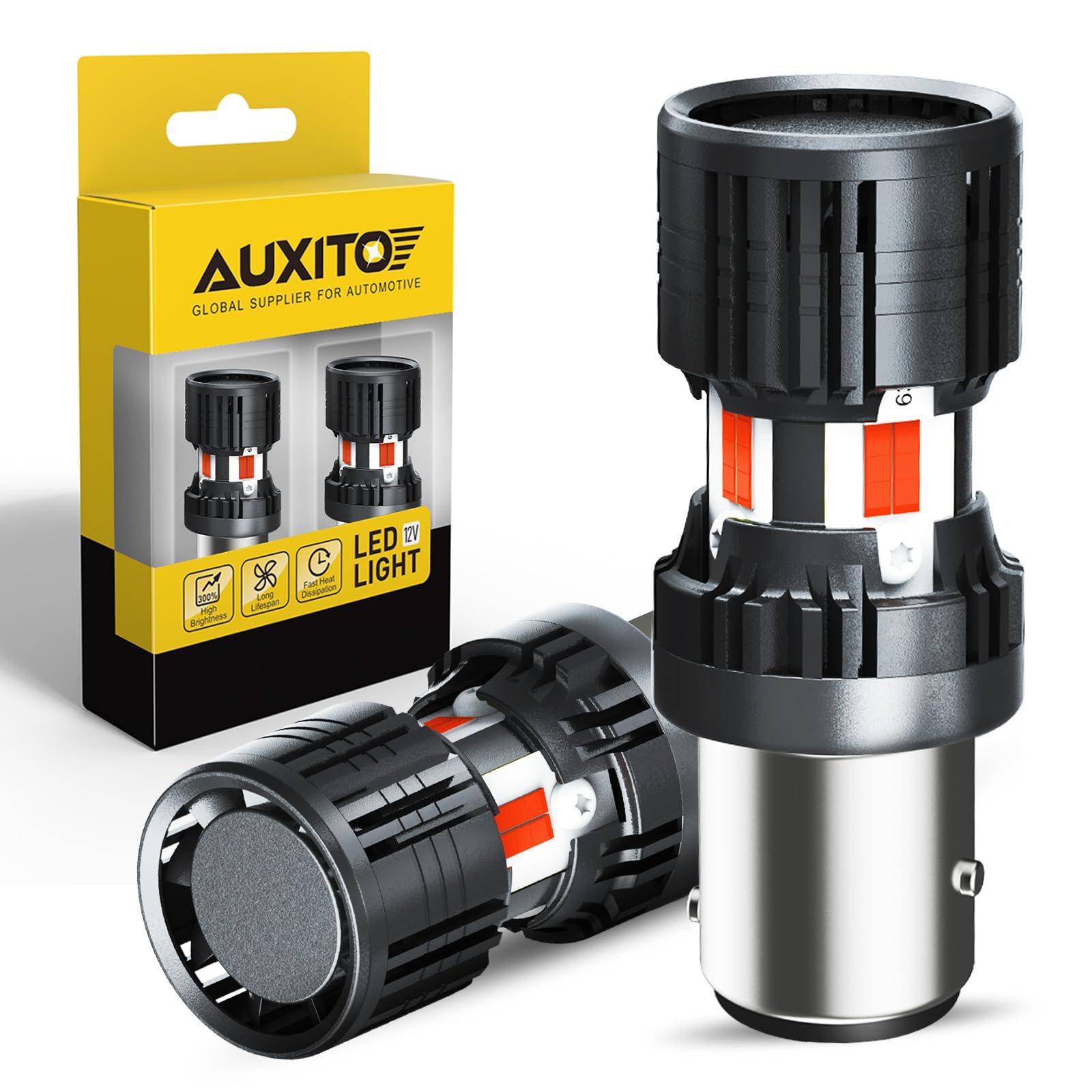 AUXITO front view of 1157 red LED bulbs showing plug and lens clarity for easy install